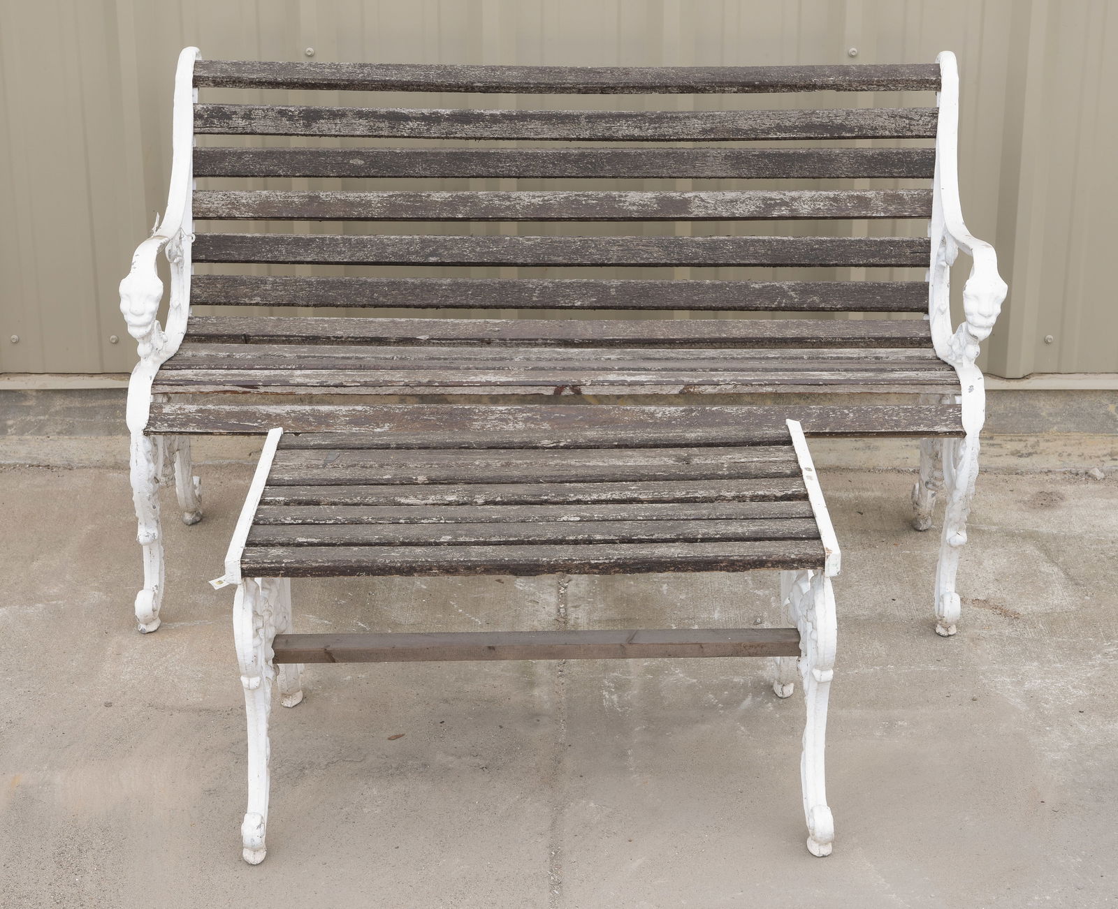 White Painted Cast Iron Wood Slat Bench & Table (1 of 5)