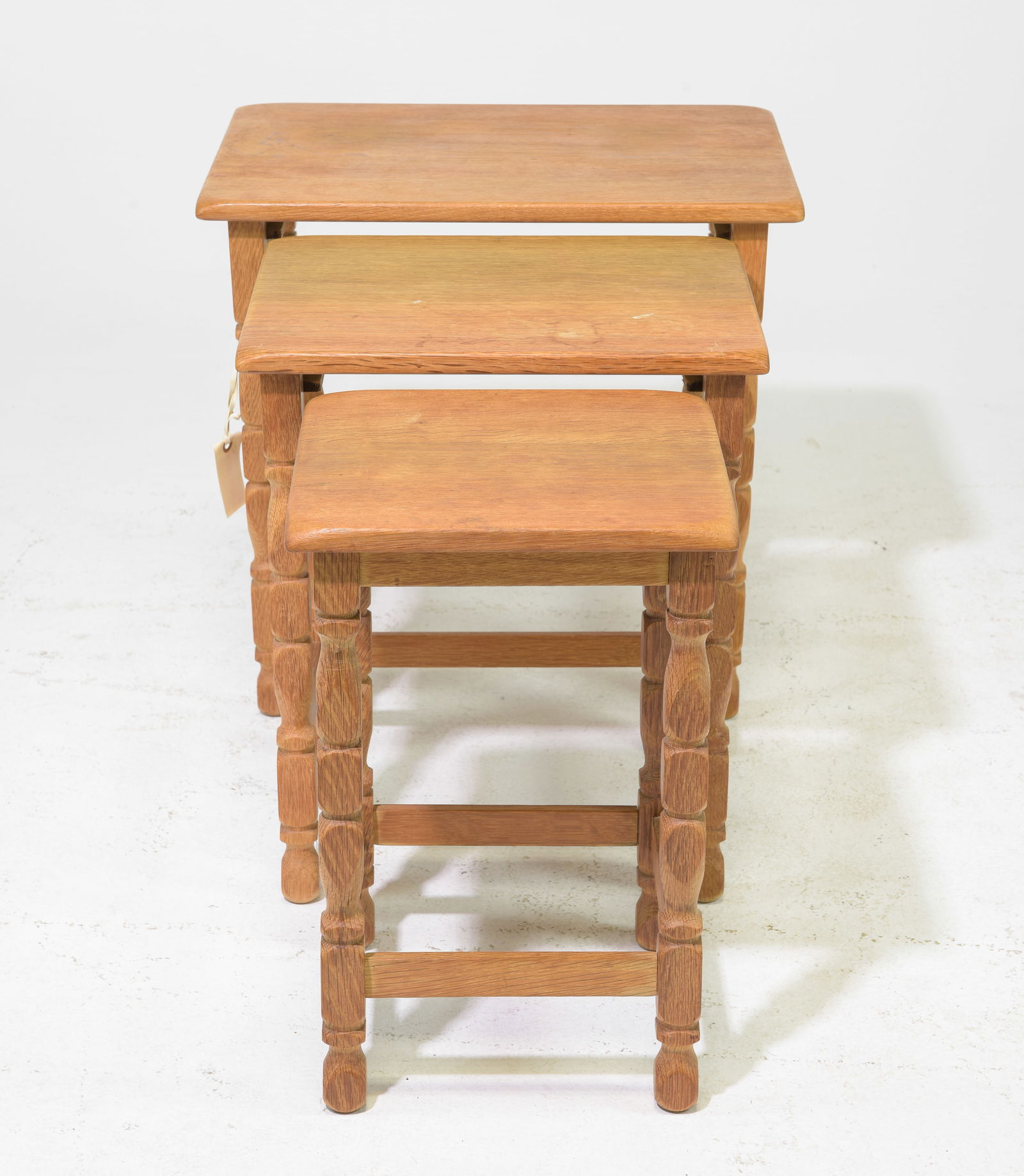 Danish Oak Nest of Three Tables: Danish Oak Nest of Three Tables - 20 in tall x 22 x 16, 19.5 in tall x 16.5 x 14 and 18.5 in tall x 12 x 12