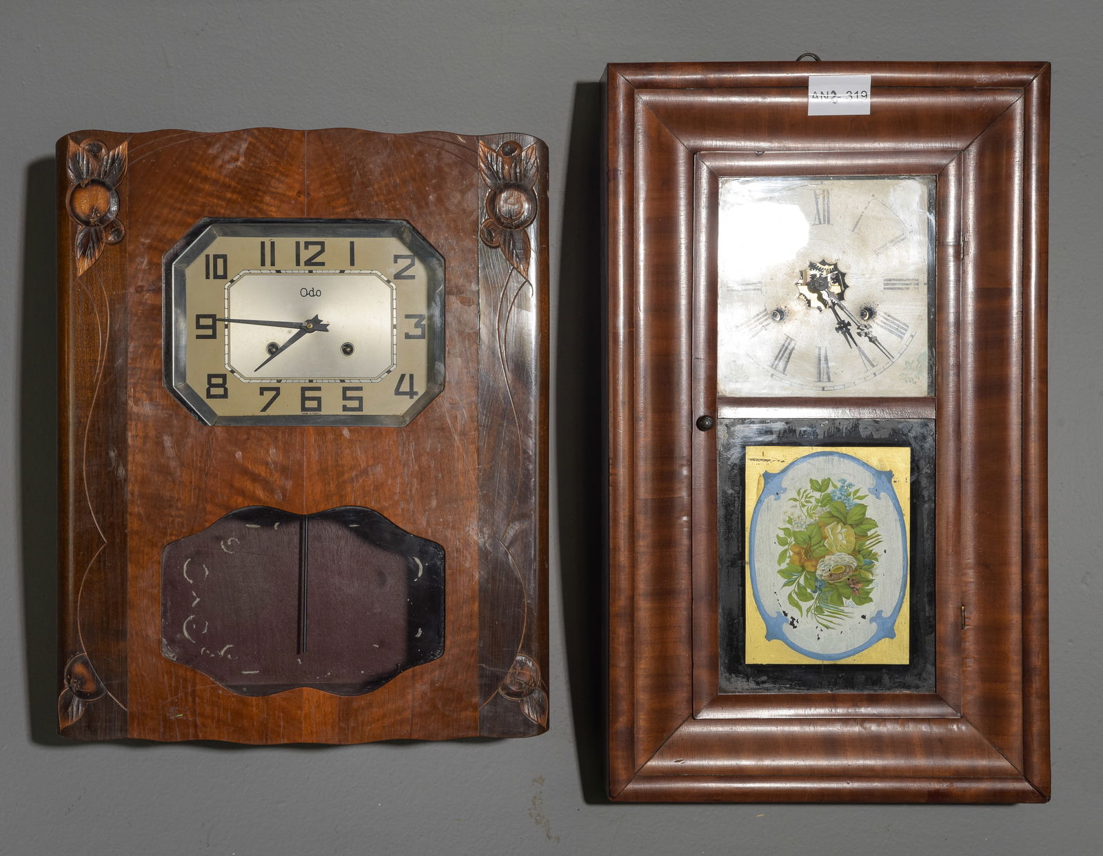 Two Danish Walnut & Mahogany Wall Clocks: Two Danish Walnut & Mahogany Wall Clocks - 21.5 in tall x 17 x 7 and 26 in tall x 16 x 5