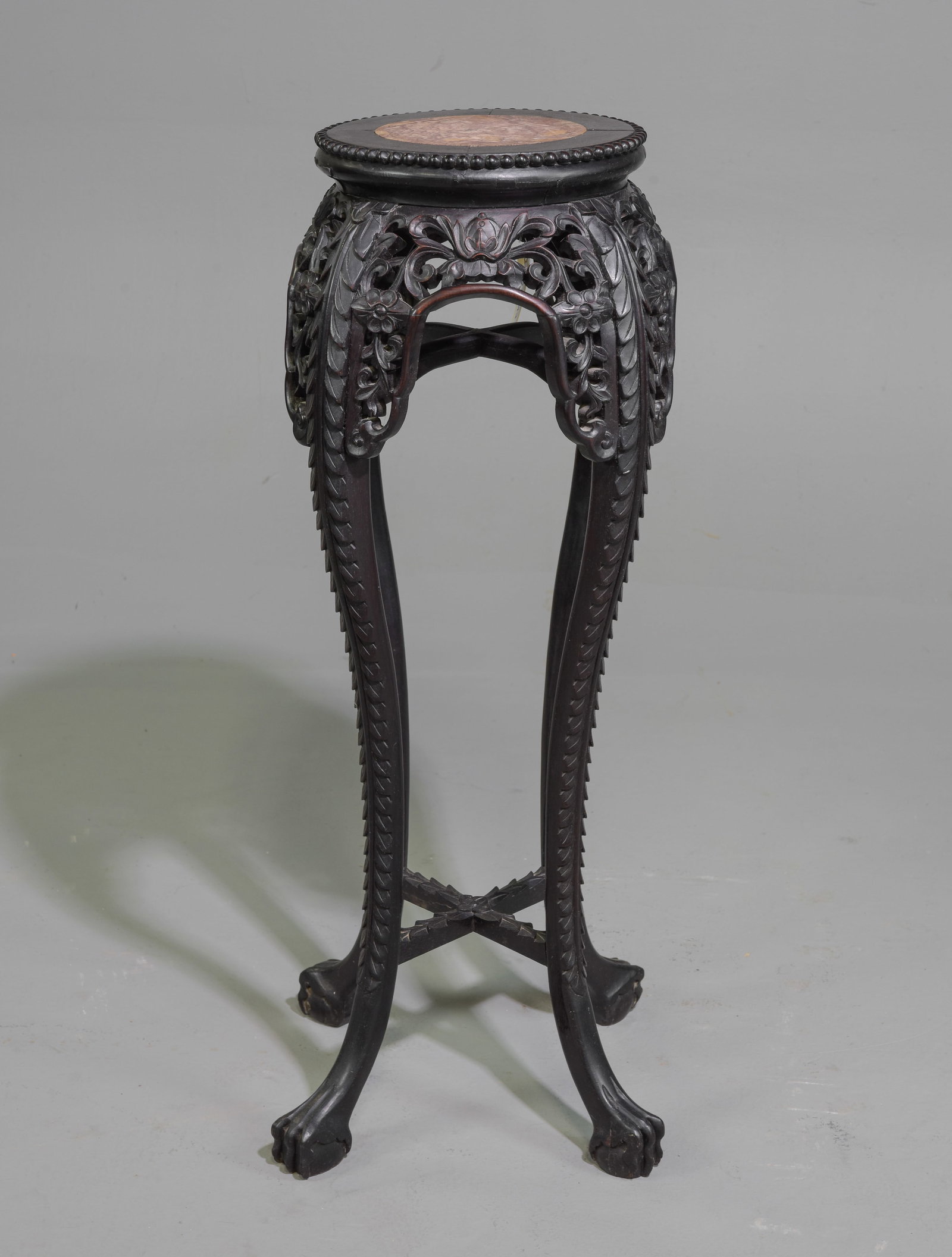 French Open Pierced Carved Ball & Claw Plant Stand: French Open Pierced Carved Ball & Claw Plant Stand / Pedestal with Inset Marble - 36 in tall x 14.5 x 11