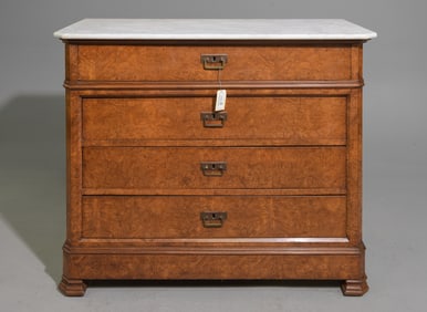 French Burled Walnut White Marble Top Chest