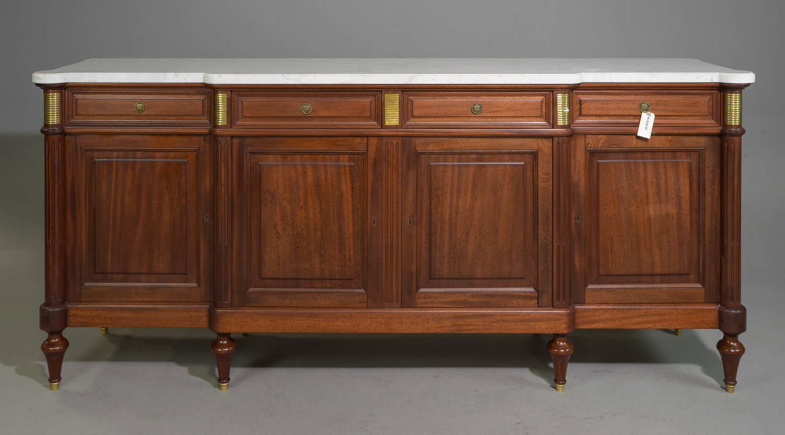 Louis XVI Style White Marble Top Sideboard: French Louis XVI Style White Marble Top Mahogany Sideboard / Enfilade c.1940's-50's - 39.5 in tall x 88.5 x 22