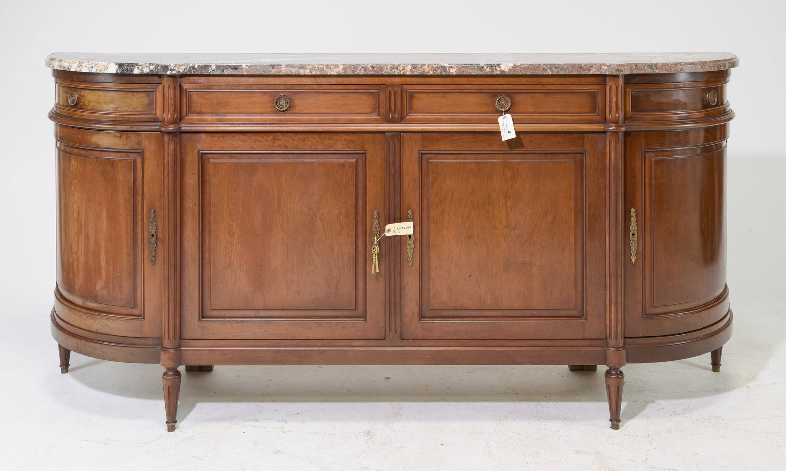 Louis XVI Style Marble Top Curved Mahogany Sideboard: French Louis XVI Style Marble Top Curved Mahogany Sideboard / Enfilade c.1940's-50's - 42 in tall x 88.5 x 20