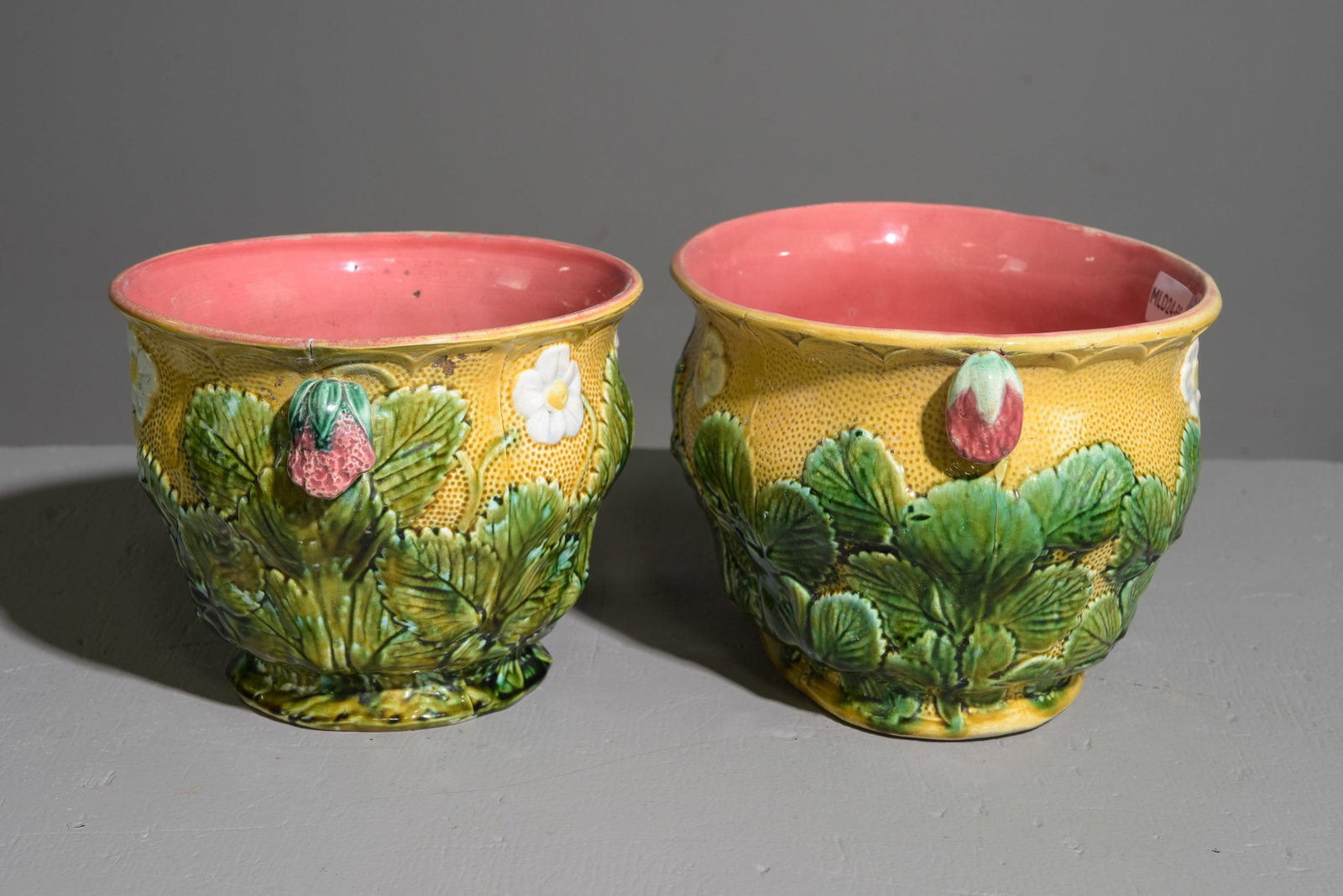 Two French Majolica Jardinieres / Pots: Two French Majolica Jardinieres / Pots - 8 in tall x 15 x 10.5 and 8 in tall x 11 x 9.5