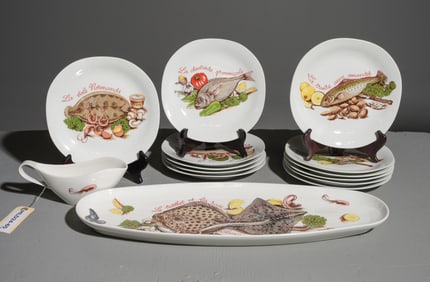 French Fish Plate Set - Platter, 12 Plates, Sauce Boat