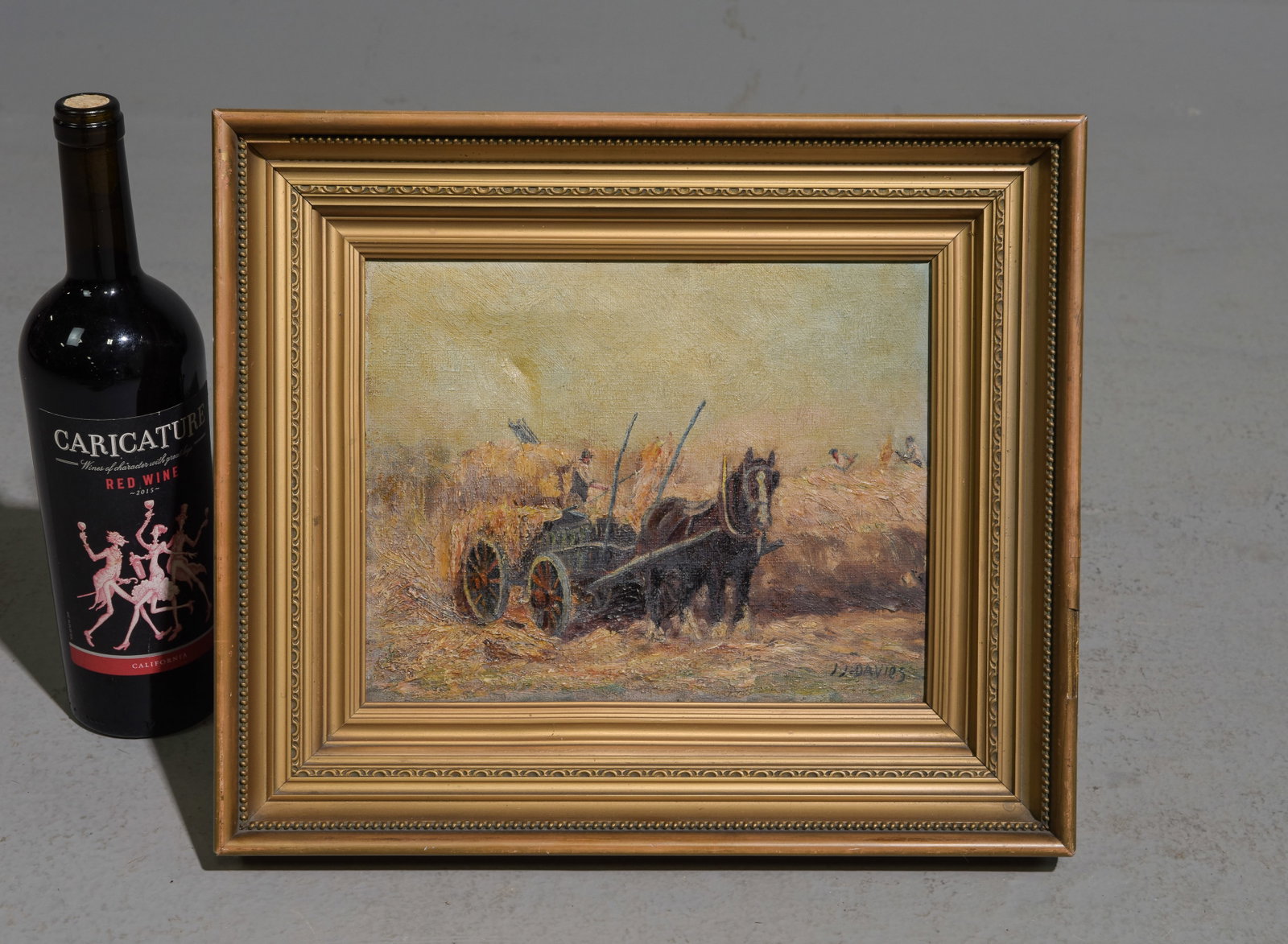 J.J. Davies Gold Framed Oil on Canvas - Farmer: J.J. Davies Gold Framed Oil on Canvas - Farmer in Hay Field - Likely early 1900's - 14.5 in tall x 13 x 2, The work itself is 8 x 10.25