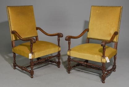 French Pair of Walnut Fireside Arm Chairs