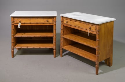 2 Faux Bamboo White Marble Top Occasional Tables