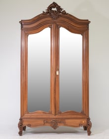Louis XV Style Walnut Double Mirror Door Armoire