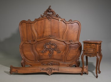 Louis XV Style Walnut Bed with Rails & Nightstand