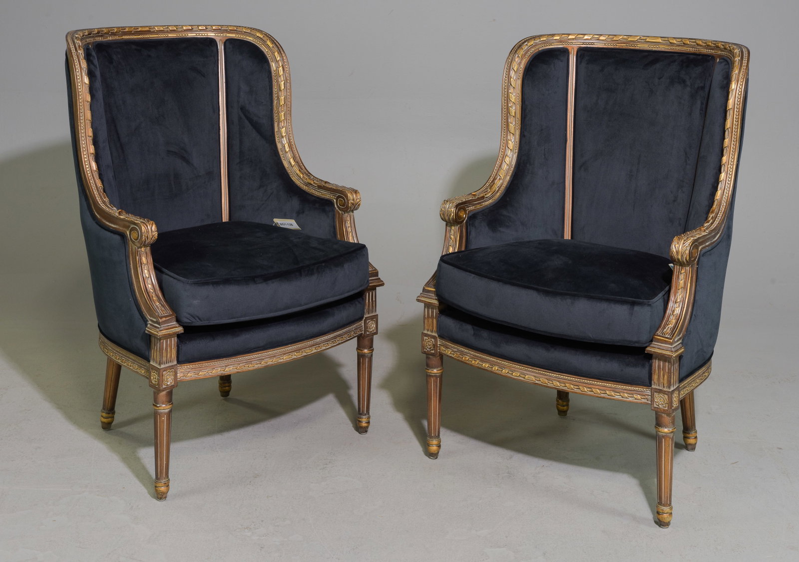 French Style Pair of Gold & Black Bergere Chairs: French Style Pair of Gold & Black Bergere Chairs - 40.5 in tall x 28 x 22 each with a seat height of 19.5 inches