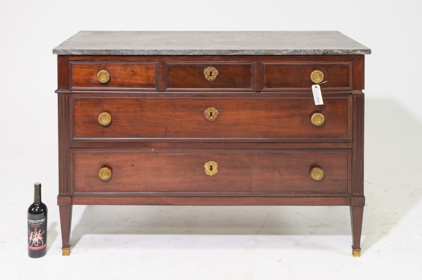 Louis XVI Style Grey Marble Top Chest: French Louis XVI Style Grey Marble Top Chest c.1930's-40's - 34 in tall x 50 x 23