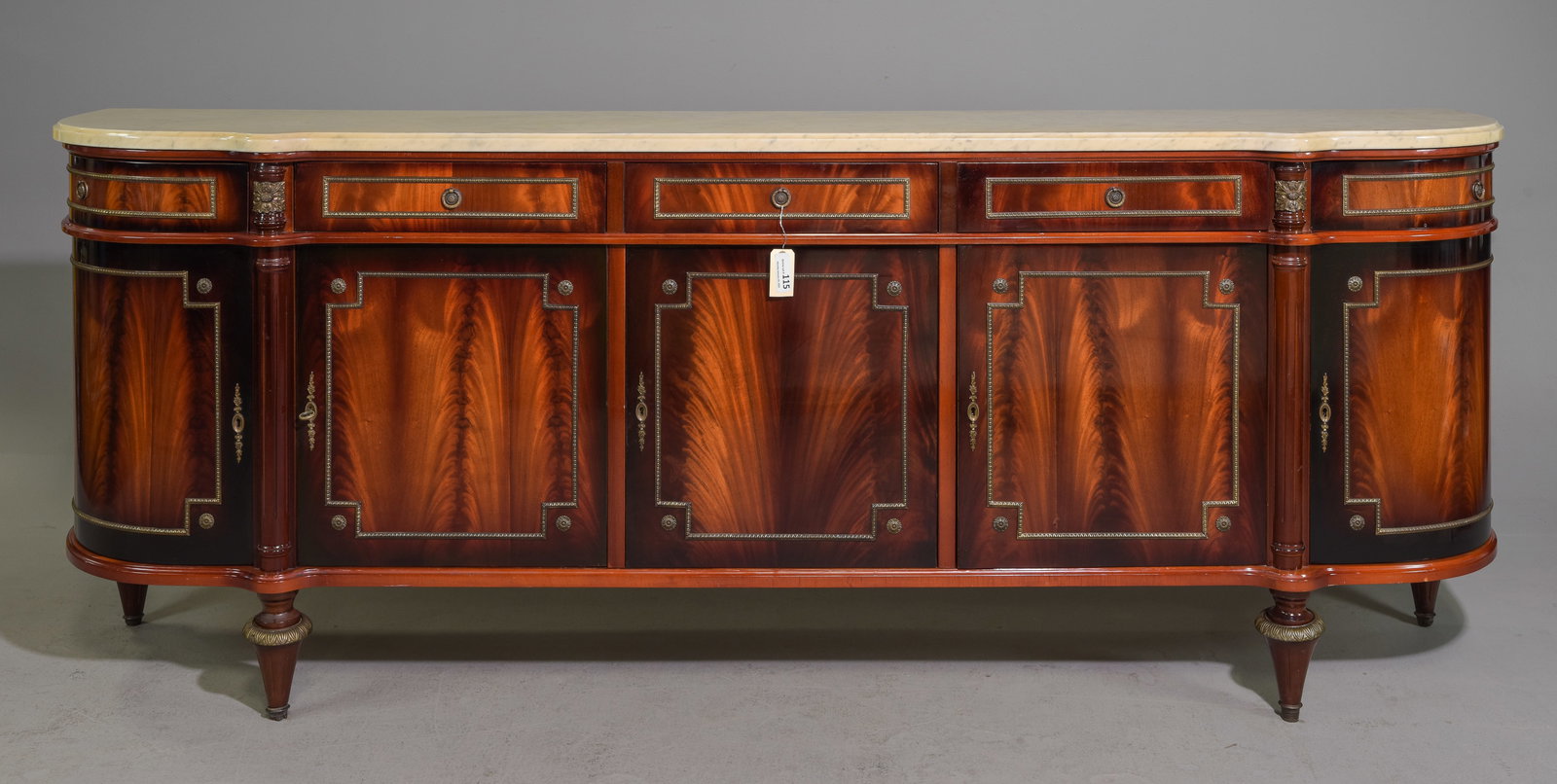 Louis XVI Style White Marble Top Curved Sideboard: French Louis XVI Style White Marble Top Curved Sideboard / Enfilade c.1940's-50's - 39 inches tall x 103.5 x 22