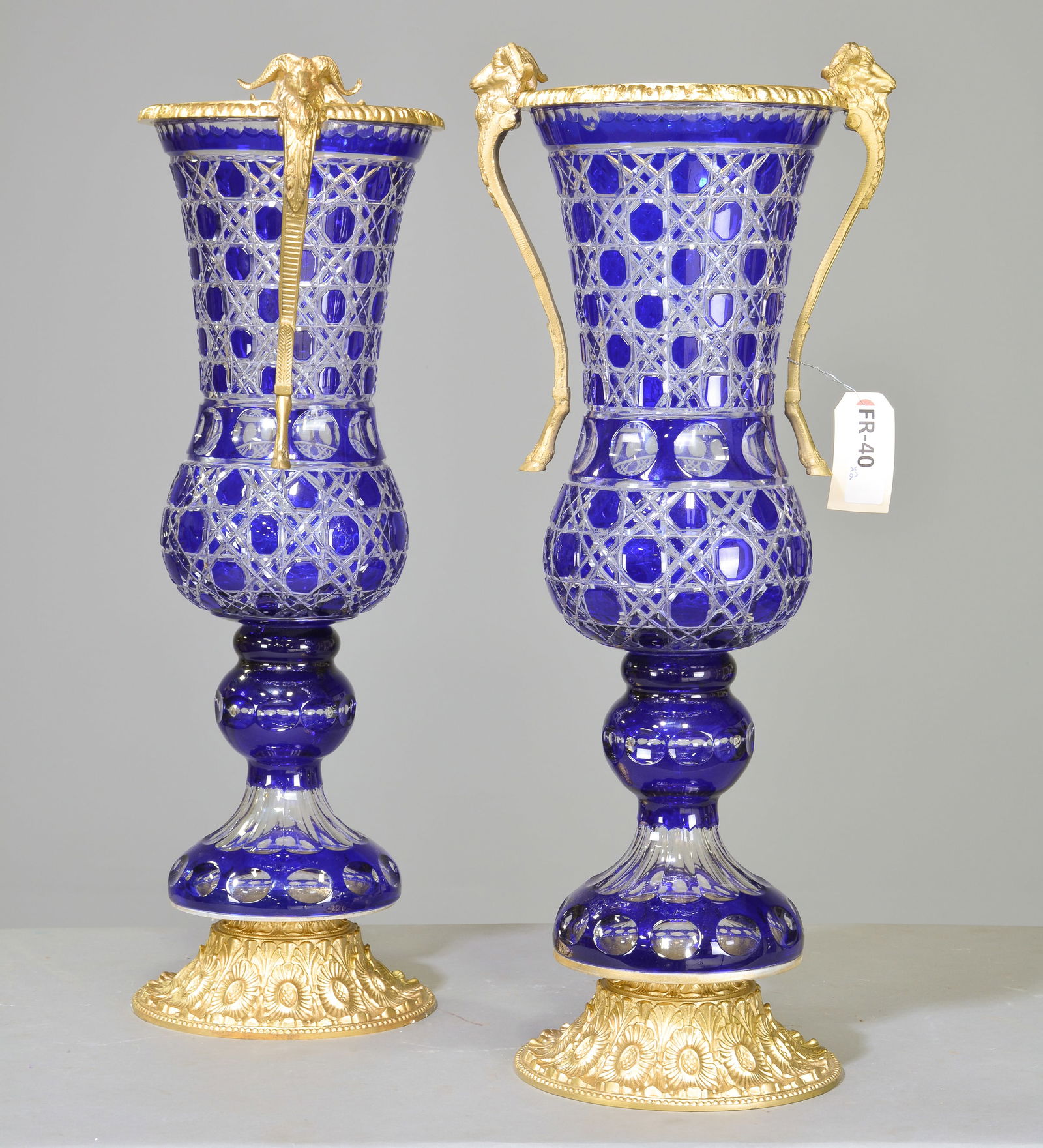 Pair of Cut Crystal / Gilt Bronze Blue Cobalt Vases (1 of 5)