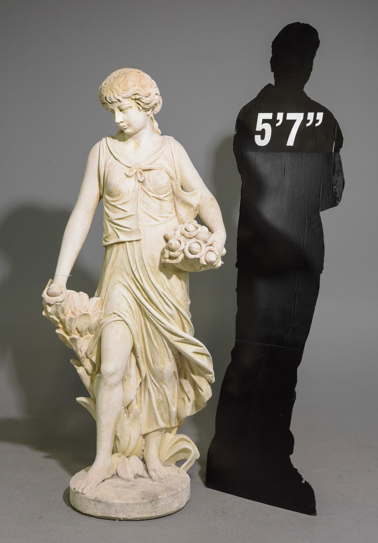 French Cast Stone / Concrete Woman with Flowers: French Cast Stone / Concrete Woman with Flowers - 60 in tall x 26 x 18