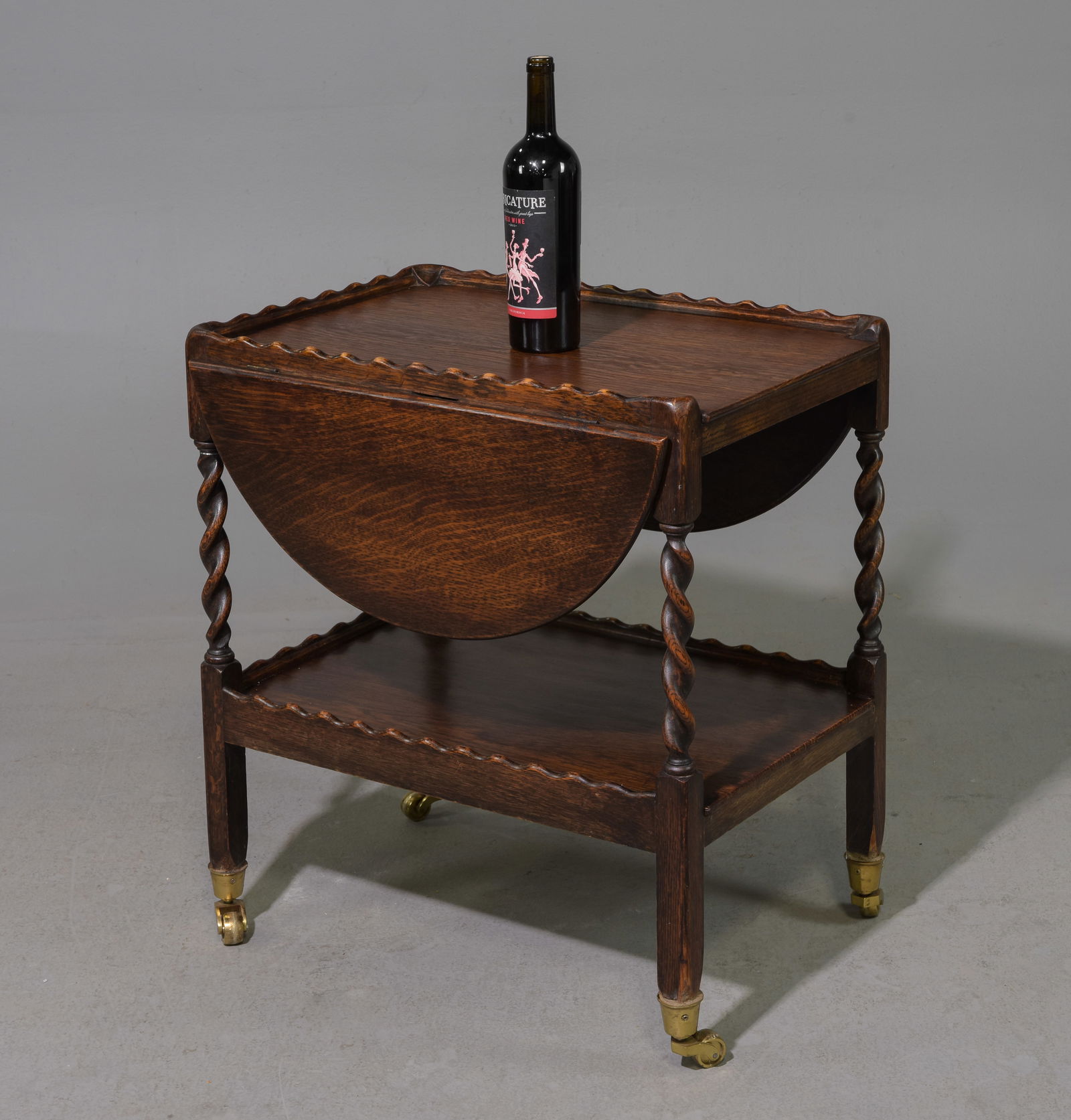 British Oak Barley Twist Drop Sided Trolley: British Oak Barley Twist Drop Sided Trolley / Cart - 26.75 in tall x 17.75 x 24.75, Leaves add an additional 9.75 inches each