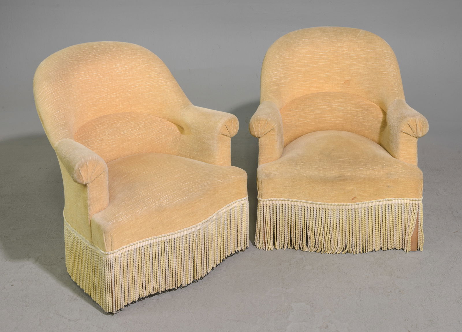 Pair of French Crapeau Style Bergere Chairs: Pair of French Crapeau Cream Bergere / Boudoir Chairs - 29 inches tall x 27 x 26.5, seat height is 13 inches