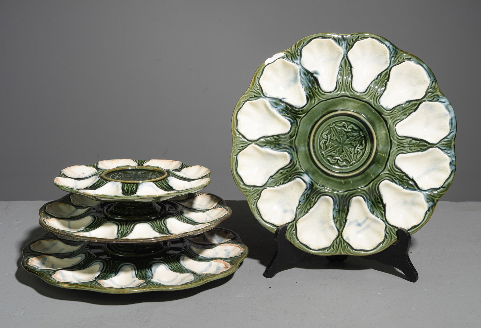 French 3 Tier Oyster Plate Rack & Platter: French 3 Tier Oyster Plate Rack & Platter - The rack stacked together is 6 inches tall x 13.5 inch diameter, the platter itself is 1 inches tall x 14 inch diameter