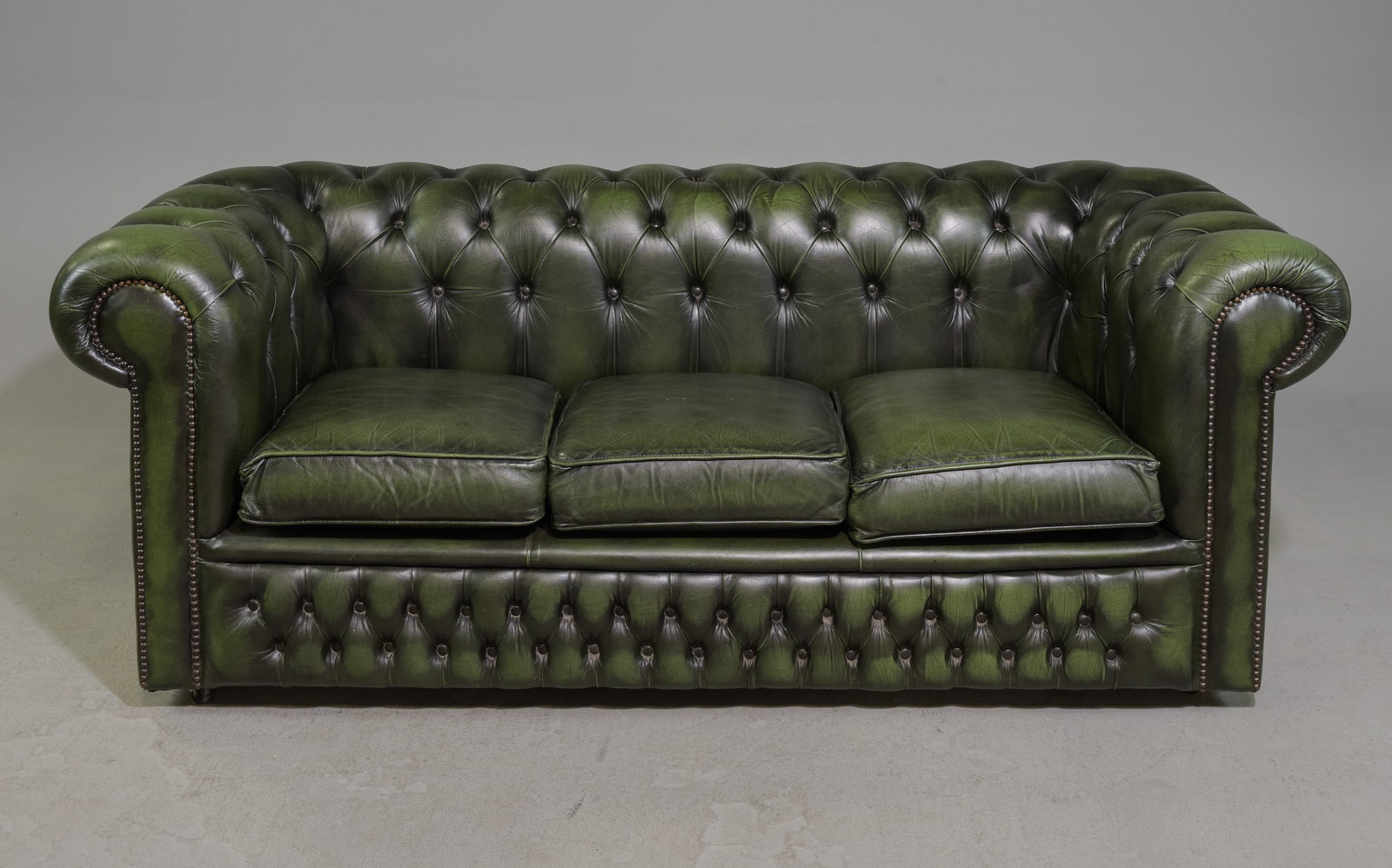 British Green Leather Chesterfield Three Seater Sofa (1 of 4)