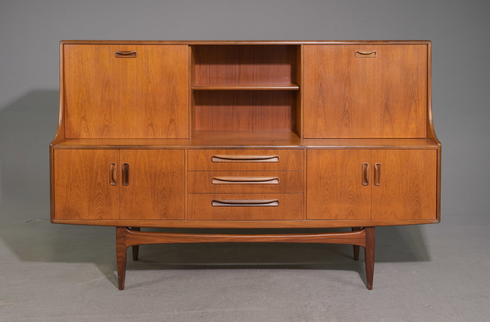 Mid Century Teak Cocktail Cabinet - Gplan - Fresco: This Danish Modern Style hutch / high board is British and made by Mid Century Modern Furniture Maker G Plan ( Gplan ) & is part of their "Fresco" Range. It has a drop down section and open stretcher