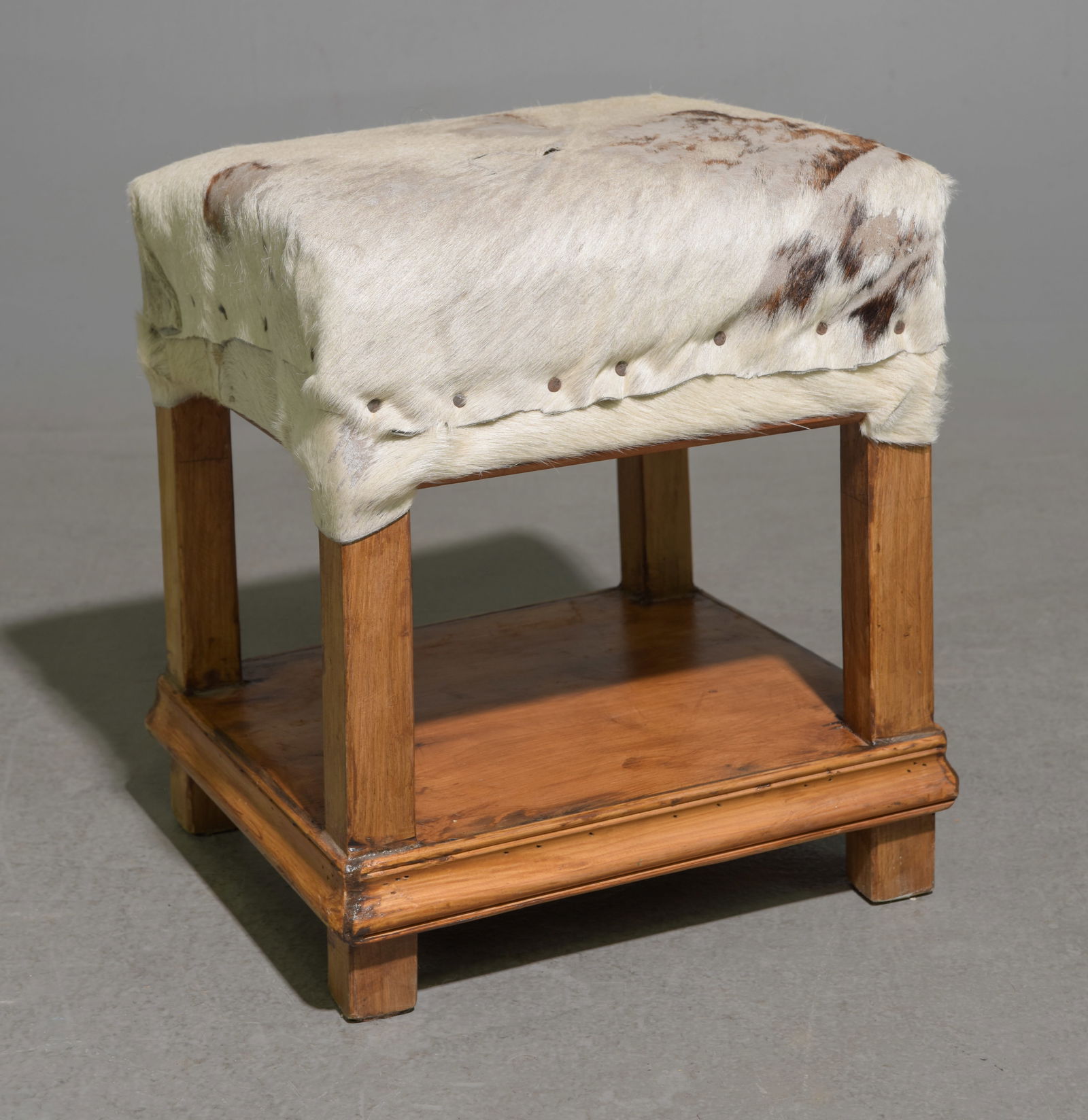 Rustic Hide Upholstered Wood Stool (1 of 4)