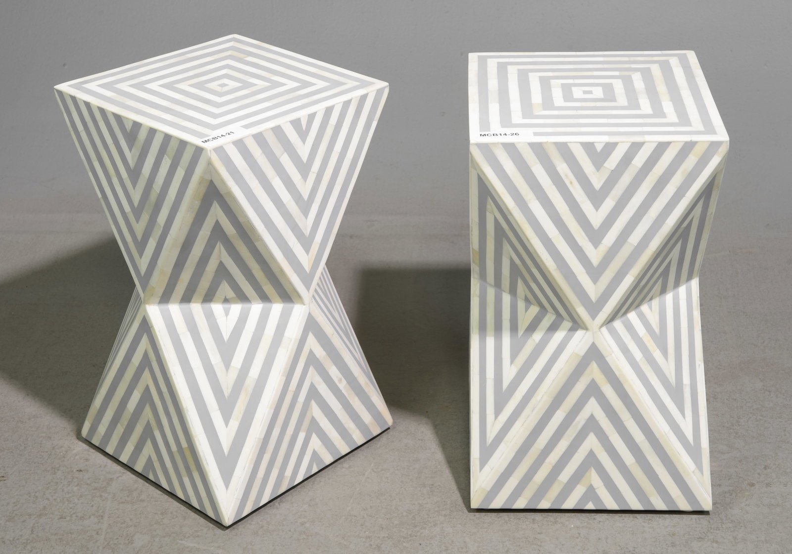 Pair of Grey & White Bone Inlaid "Hour Glass" Stands: Pair of Modernist Grey & White Bone Inlaid "Hour Glass" Stands / Occasional Tables with Striped Pattern - 21 in tall x 12.5 x 12.5