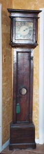 Grandfather Clock: English One Handed Grandfather Clock, Circa 1760-1780, Brass Dial, Brass Works, Oak Case, H 80'' W 16'' D 10'' The space from one side of the face to the other is 10 inches for this clock