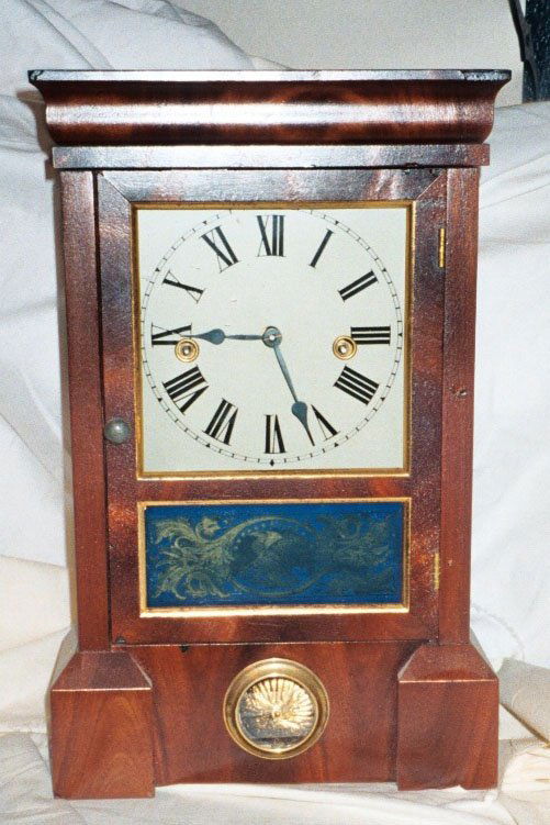 Seth Thomas Miniature Empire Clock: American, Seth Thomas Oak Clock, 1816 Miniature Empire, Thomaston, Conn, H 15'' W 9'' D 4''