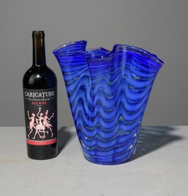 Hand Blown Glass Blue Ruffled Vase