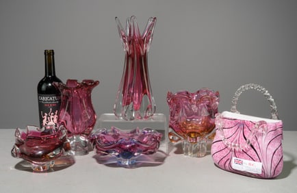 6pcs Hand Made Pink Art Glass Vases, Bowl, Etc.