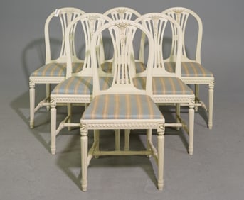 Set Of 6 Swedish Pine Painted Dining Chairs