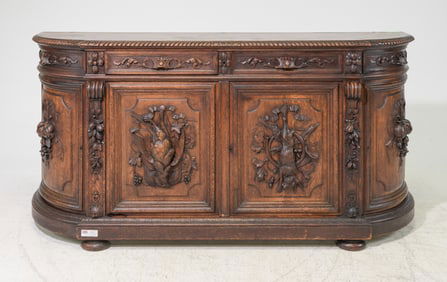 British Carved Oak Curved Hunt Sideboard c.1920's