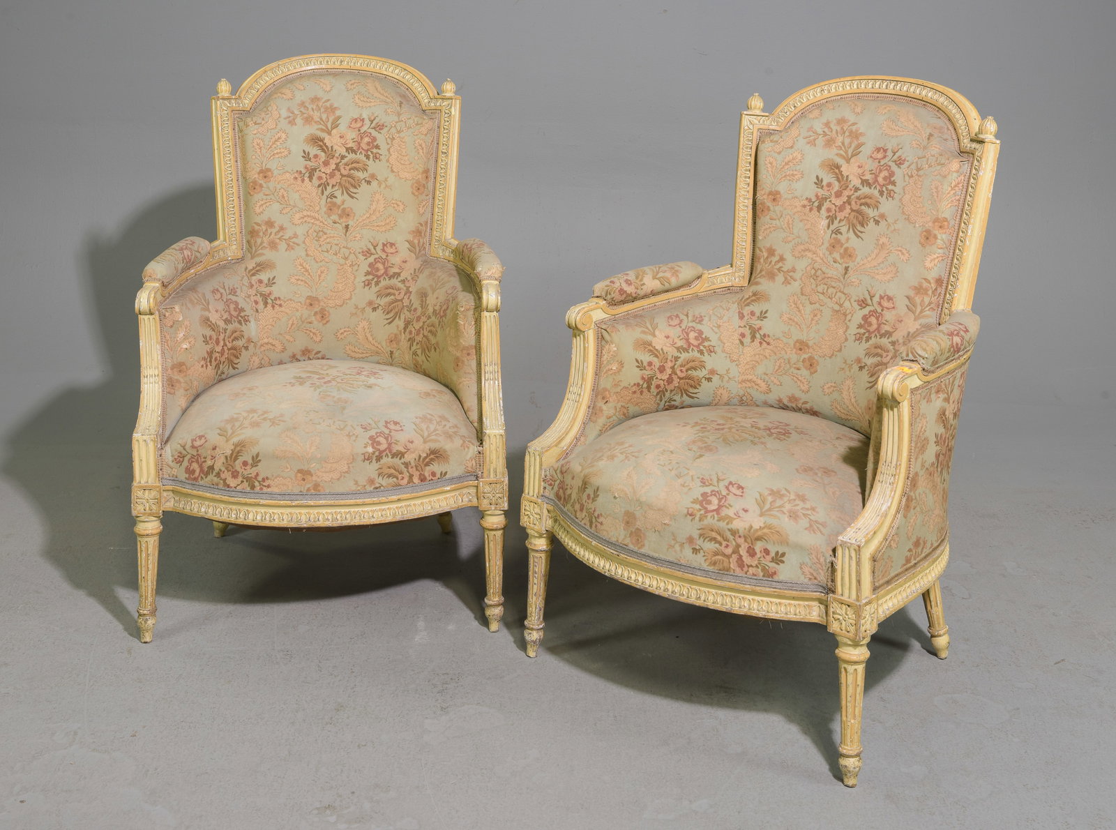 Pair Of Louis XVI Style Upholstered Arm Chairs: Pair Of French Louis XVI Style Upholstered Arm Chairs - 38 inches tall x 29 x 25, seat height is 14.5