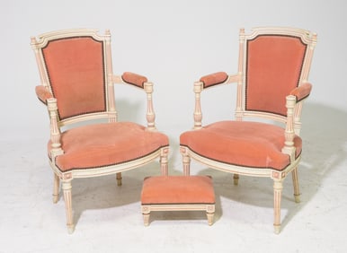 Louis XVI Style Pair of Painted Arm Chairs & Stool