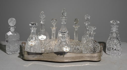 10 Cut Crystal / Glass Decanters & Serving Tray