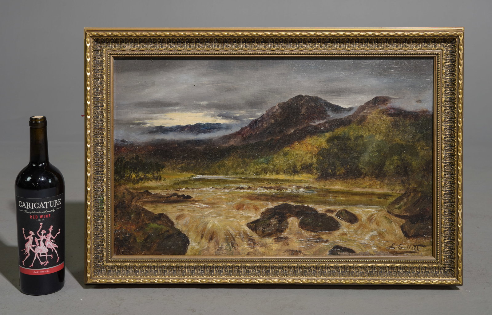 Gold Framed Antique Oil Painting - Mountain Valley: Gold Framed Antique Oil Painting - Mountain Valley - 18 in tall x 26 x 2, The work itself is 14 x 22 - This is artist signed