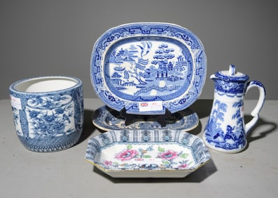 5pcs Blue & White China - Platters, Jardiniere, Etc.