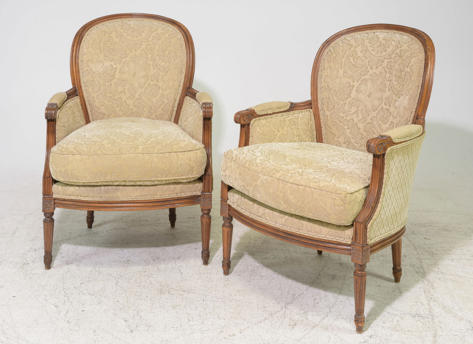 Louis XV Style Pair of Bergere Arm Chairs: French Louis XV Style Pair of Bergere Arm Chairs - 38 in tall x 26 x 28 each with a seat height of 18 inches