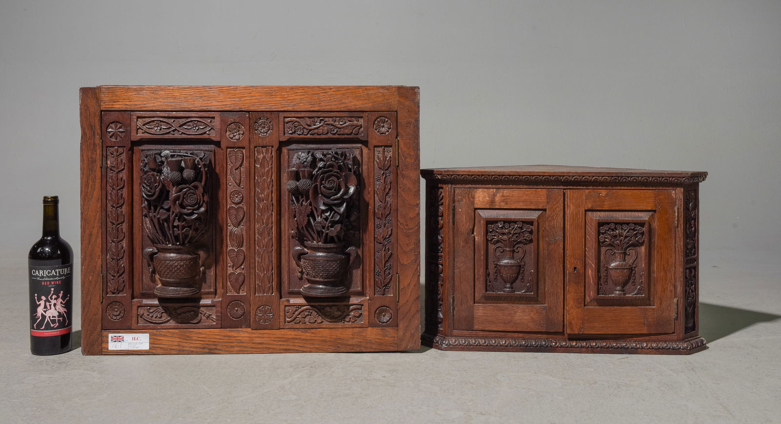 2 British Carved Oak Petite Corner Cabinets c.1900 (1 of 5)