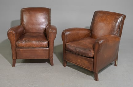 French Brown Leather Pair of Low Club Chairs