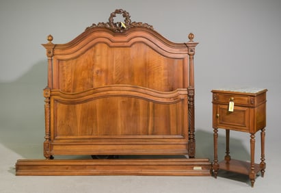 Louis XVI Style Walnut Bed with Rails & Nightstand
