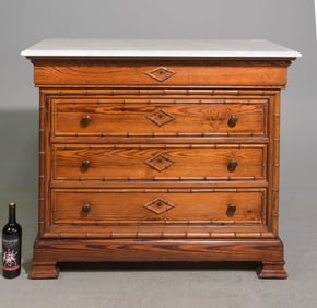 French Faux Bamboo White Marble Top 4 Drawer Chest