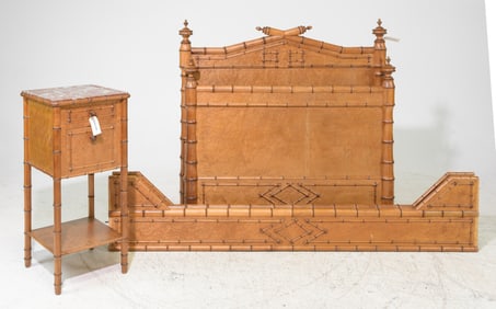 French Faux Bamboo Bed with Rails & Nightstand