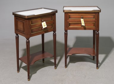 Louis XVI Style Pair of White Marble Top Nightstands