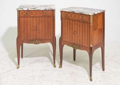 Louis XVI Style Pair Of White Marble Top Cupboards