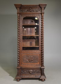 French Carved Oak Barley Twist Single Door Bookcase
