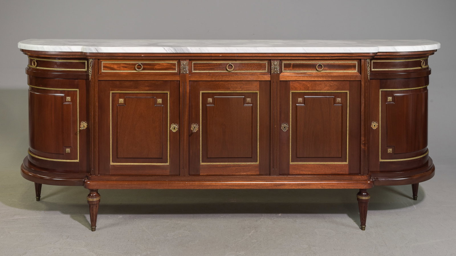 Louis XVI Style Marble Top Curved Mahogany Sideboard: French Louis XVI Style White Marble Top Curved Mahogany Sideboard / Enfilade c.1940's-50's - 40.5 in tall x 99.5 x 23.5