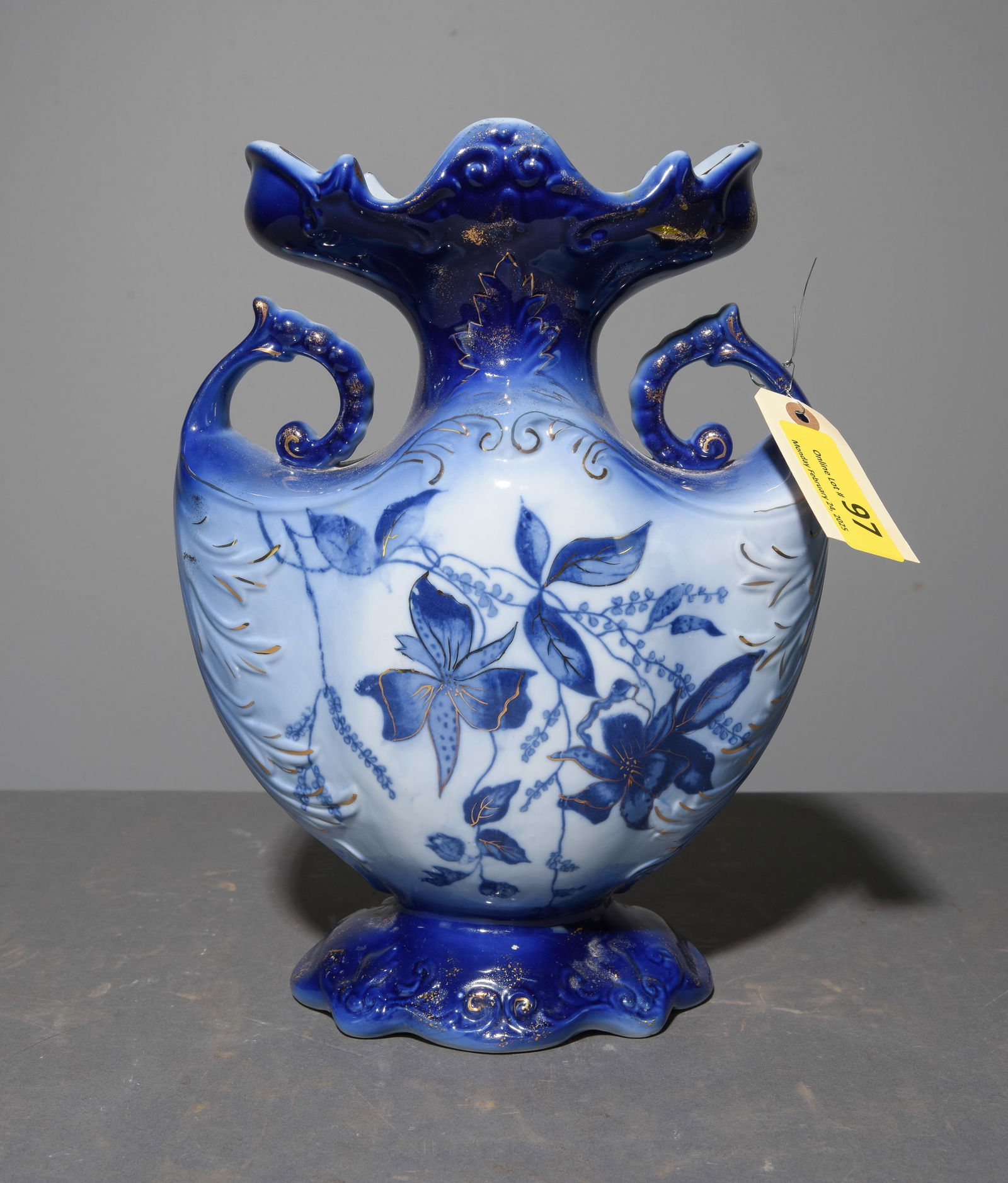 Flo Blue & White Staffordshire Style Vase: Flo Blue & White Staffordshire Style Vase with Gold Accent - 13 in tall x 9.5 x 6