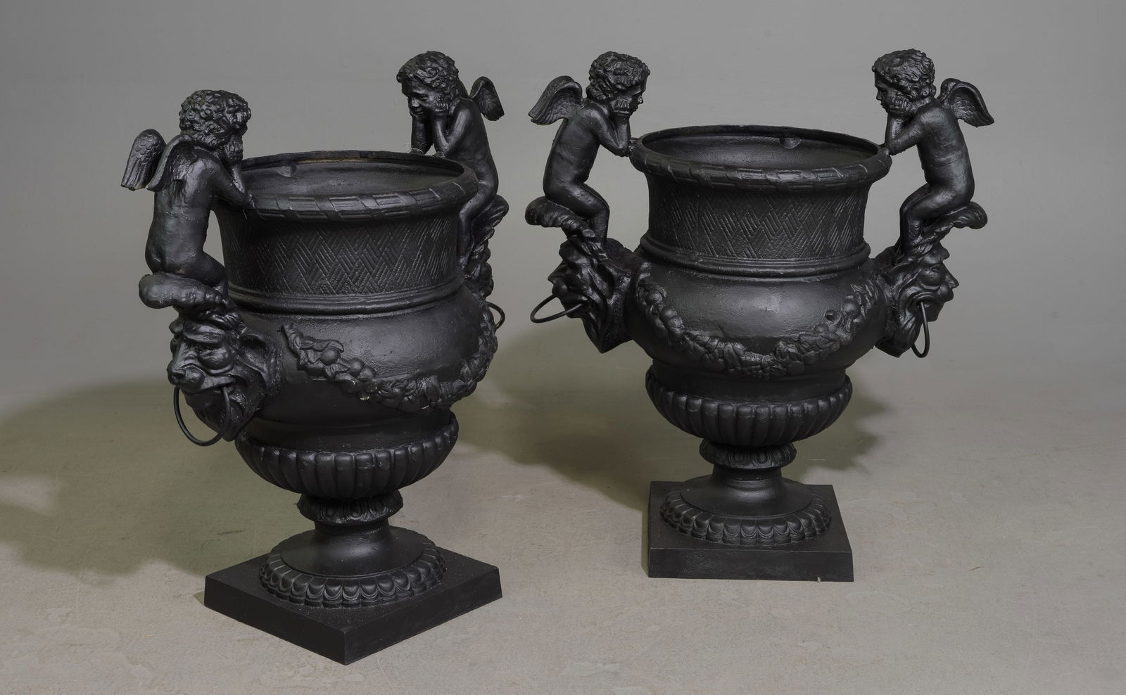 Pair of Cast Iron Painted Planters with Cherubs (1 of 5)