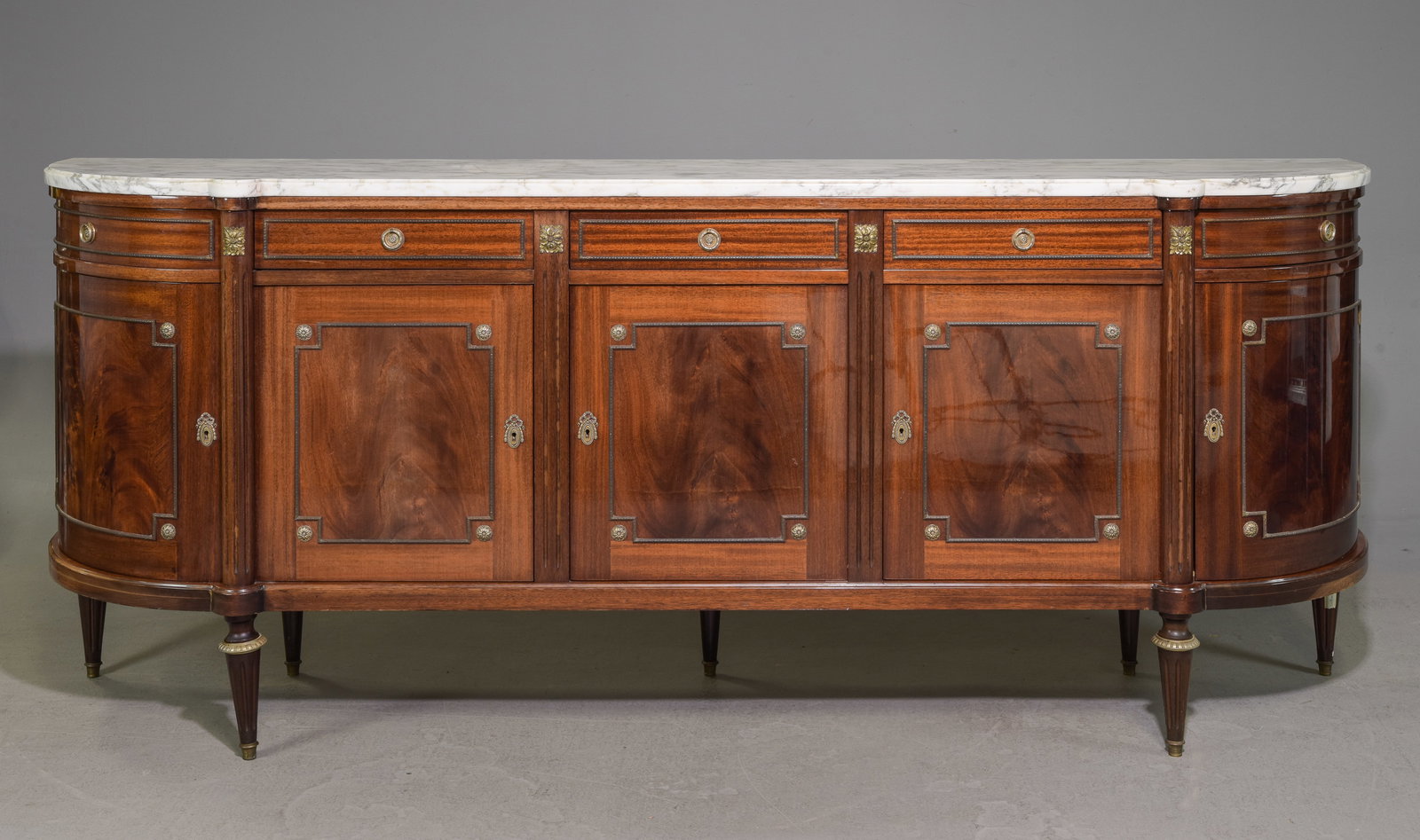 Louis XVI Style Marble Top Curved Mahogany Sideboard: French Louis XVI Style Marble Top Curved Mahogany Sideboard / Enfilade - 39.75 in tall x 93.5 x 20.75